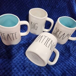 Rae Dunn Set of 4, White & Blue Ceramic Mugs: Dream, Create, Big, and Patience